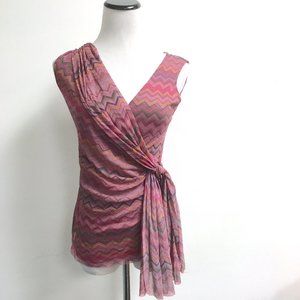Sweet Pea Stacey Frati sleeveless pink zig zag faux wrap mesh V neck top L